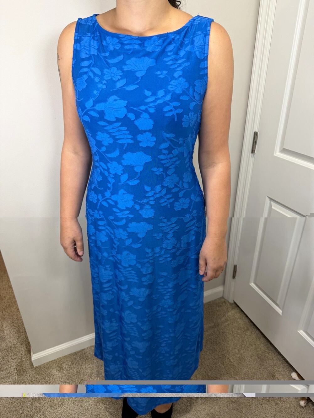 MEROKEETY Blue Floral Jacquard Boat Neck Sleeveless Midi Shift Tie, Size M